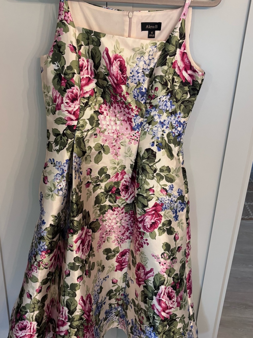 Alexa B Cream Midi Dress with Pink, blue and green Floral Print with pockets.